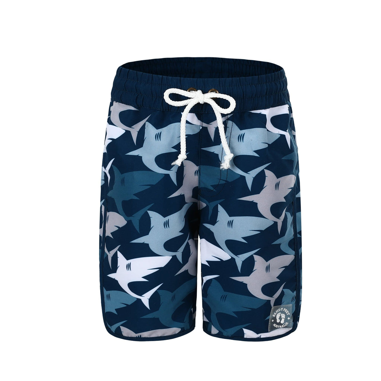 Sandy Feet Australia Board Shorts Boys Navy Shark Frenzy Board Shorts