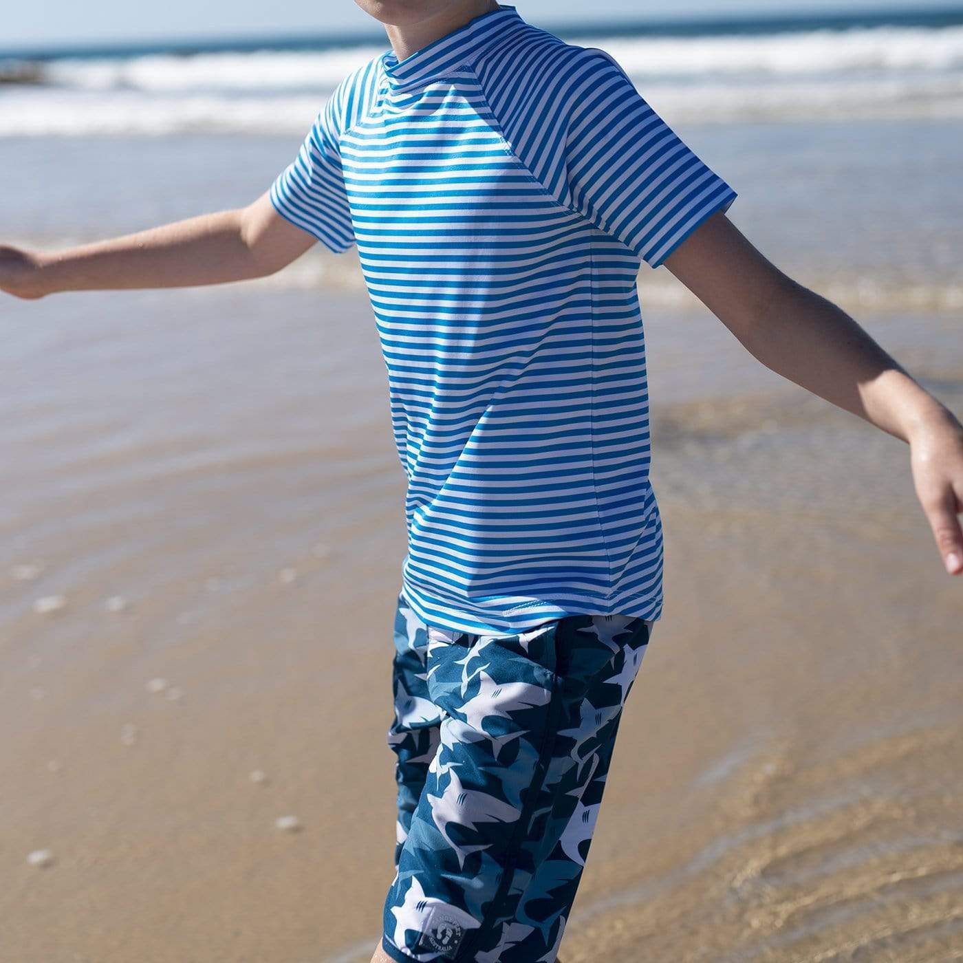 Sandy Feet Australia Board Shorts Boys Navy Shark Frenzy Board Shorts