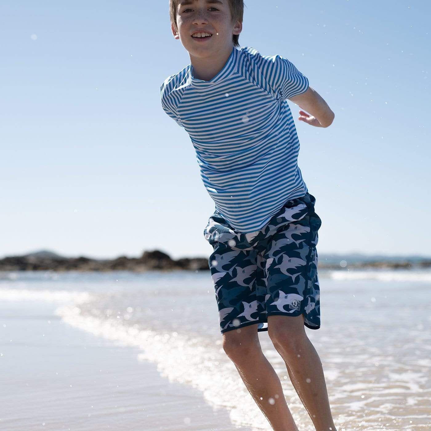 Sandy Feet Australia Board Shorts Boys Navy Shark Frenzy Board Shorts